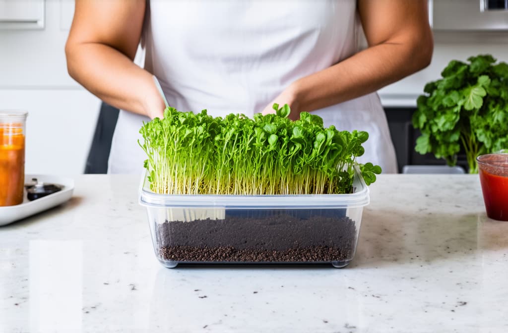  professional detailed photography, woman seeding microgreens in plastic box, white modern kitchen ar 3:2, (muted colors, dim colors, soothing tones), (vsco:0.3)