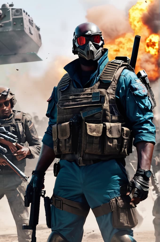  in the future in a zambia apocalypse a vulture fighting against zombies in an uniform he has a gun in his hand , with a text on the uniform ob4, there is a tank in the background, 4k