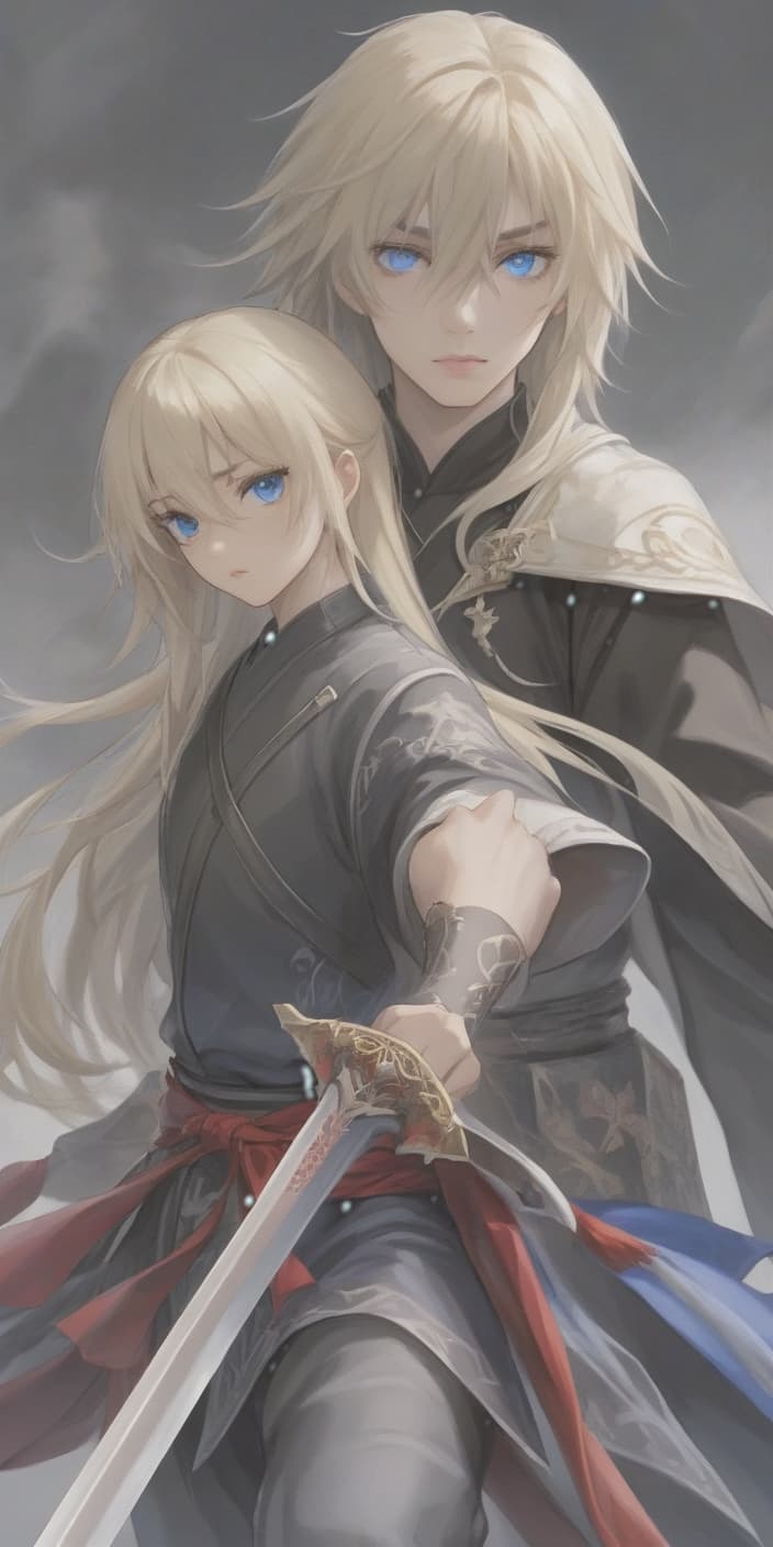  breathtaking realistic photo, two people, a character from the novel “system save yourself for the main hero”, lo binghe, a young man in black with an unassuming long sword behind his back. long black hair to the waist, red eyes, demonic mark on the forehead, next to him a girl is blonde, blonde hair to the shoulder blades, european face type, light skin, blue eyes, plump lips, small tummy at the bottom at the waist . award winning, professional, highly detailed, hkmagic