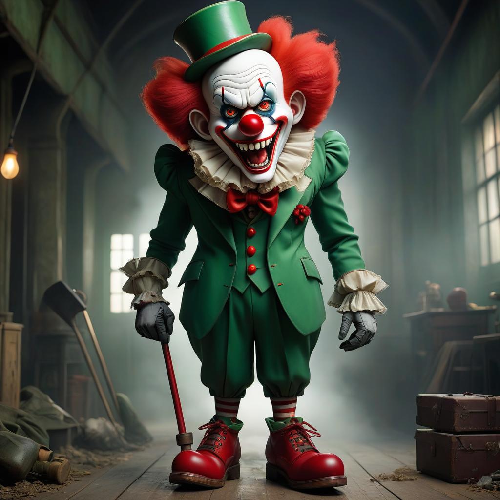  macabre style a clown in a green suit, in a shoe with a red nose, in a red wig, in a hat cylinder, with a toy double hammer in hand, a little crazy . dark, gothic, grim, haunting, highly detailed hyperrealistic, full body, detailed clothing, highly detailed, cinematic lighting, stunningly beautiful, intricate, sharp focus, f/1. 8, 85mm, (centered image composition), (professionally color graded), ((bright soft diffused light)), volumetric fog, trending on instagram, trending on tumblr, HDR 4K, 8K