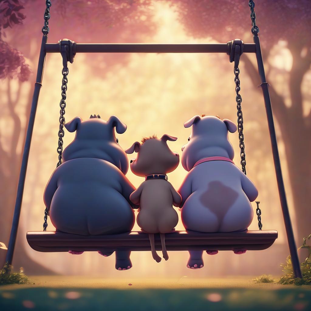  cinematic film still hippo and puppy sit on a swing facing the viewer picture in modern anime style . shallow depth of field, vignette, highly detailed, high budget, bokeh, cinemascope, moody, epic, gorgeous, film grain, grainy