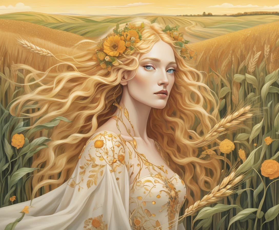  create a surreal mixed media portrait of sif, the norse goddess of earth and harvest, blending dalí's dreamlike worlds and klimt's organic forms. show sif with golden hair merging with wheat fields, vines, and blooming flowers. her gown should mix leaves, petals, and grains. surround her with a surreal landscape where earth create a surrealist mixed media portrait of sif, the norse goddess of earth and harvest, inspired by the dreamlike worlds of salvador dalí and the organic forms of gustav klimt. depict sif with flowing golden hair that merges with fields of wheat, her locks interwoven with vines and flowers that seem to grow and bloom in real time. her gown should be a collage of natural textures—leaves, petals, and grains—softly b