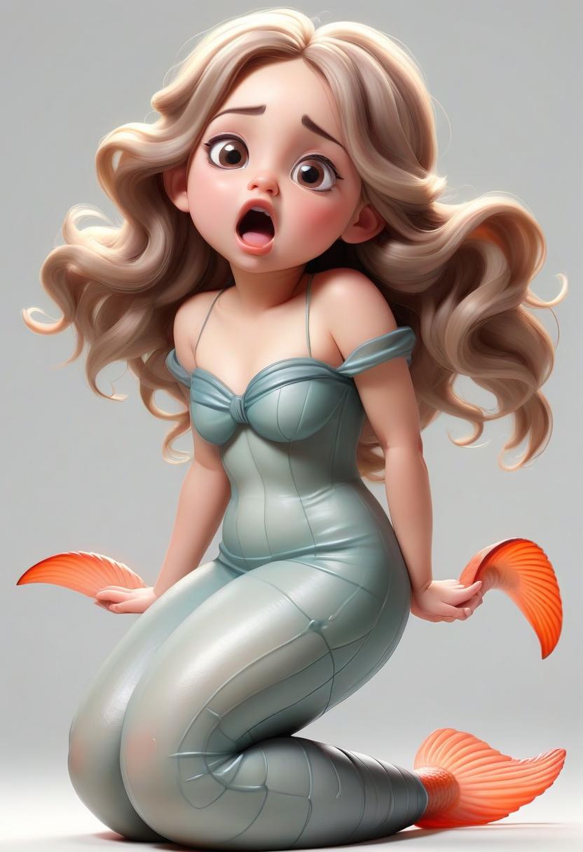  a full length little nymph girl. singing. eyes closed. nice face, plump cheeks, plump lips, big eyes, fish tail. white background.