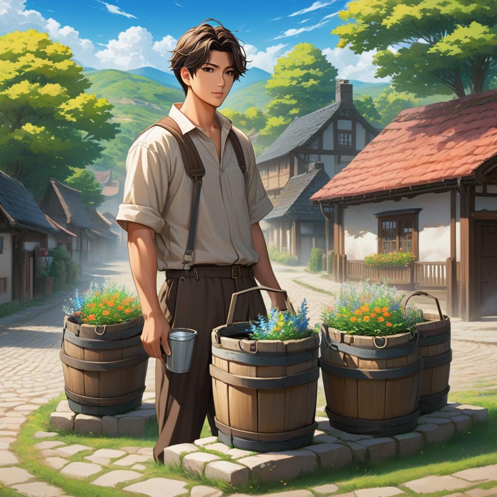  **scene 1:** **setting and atmosphere:** a peaceful village square with a quaint stone well at its center, surrounded by cobblestones and a few scattered wildflowers. soft morning sunlight creates a warm glow. **characters:** a handsome man dressed in simple, earth toned clothing—a light beige shirt and brown trousers—stands by the well. he appears focused, yet distracted, holding two wooden pails., anime artwork, anime style, key visual, vibrant, studio anime, highly detailed