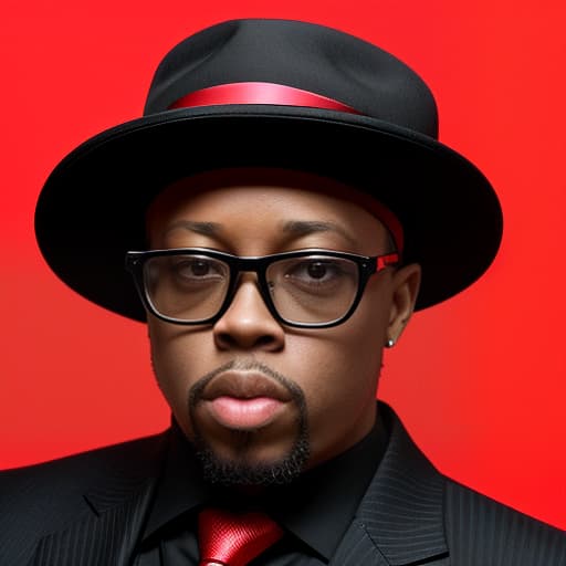  black and red background, rapper nate dogg in hat and business suit and with black glasses