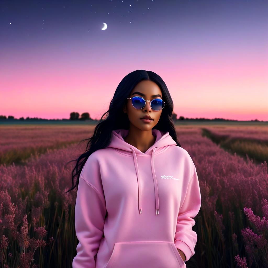  a black girl with long black hair wearing dark blue glasses, wearing a pink hoodie, standing outside in an open field staring at the start night sky photo realistic art photo realistic, highly intricate and detailed, masterpiece, ultra high res,photography,8k resolution