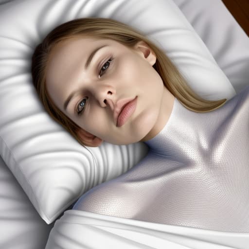  --Style Photoralism, a close up of a person laying in bed with a white sheet and a white pillow with a white sheet on it, Alex Grey, video art, finely detailed, a photo