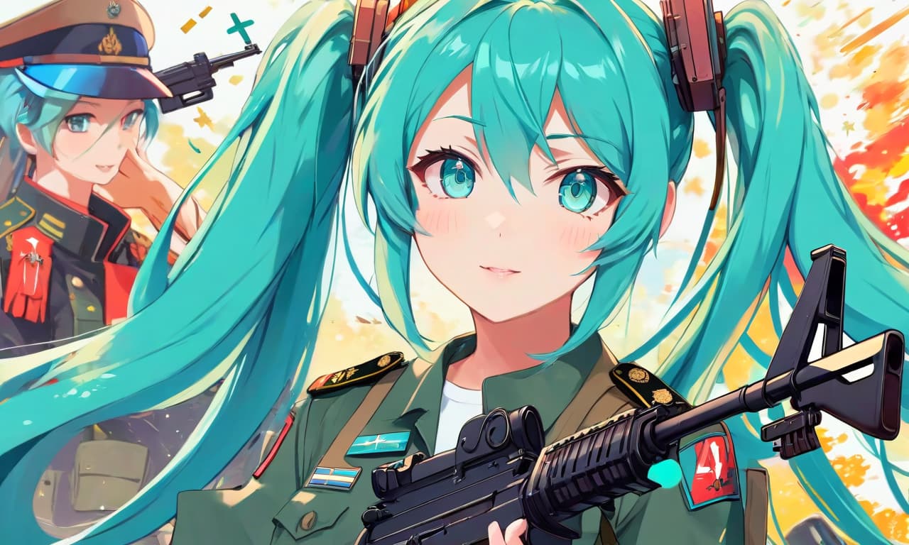  anime artwork miku hatsune with ak 74 and military uniforms of the russian armed forces . anime style, key visual, vibrant, studio anime, highly detailed