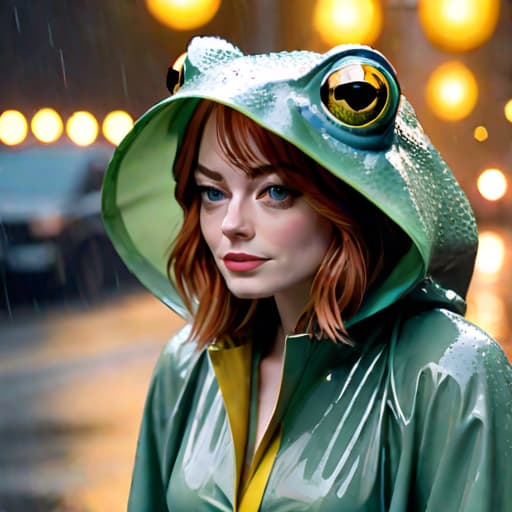  emma stone as a frog wearing a raincoat hyperrealistic, full body, detailed clothing, highly detailed, cinematic lighting, stunningly beautiful, intricate, sharp focus, f/1. 8, 85mm, (centered image composition), (professionally color graded), ((bright soft diffused light)), volumetric fog, trending on instagram, trending on tumblr, HDR 4K, 8K