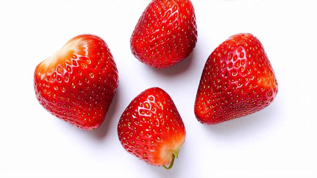  advertising style, stock photo, corporate branding style strawberries on a white background ar 16:9 . professional, clean, modern, product focused, commercial, eye catching, minimalist, business oriented, highly detailed