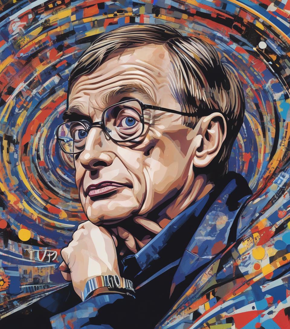  pop art style stephen hawking, dark blue tones, against the background of a black hole, high detail, working out small things, hawking's formula with paint, style of street art mural . bright colors, bold outlines, popular culture themes, ironic or kitsch