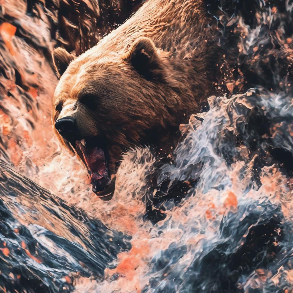  merged, jed dblexpsre effect, double exposure, a close up silhouette of a bear's head byneuralartstudio, epic atmosphere with a river rapids with (((salmon swimming))) upstream and jumping from the water, forest backdrop, <lora:doubleexposure 000007:1>