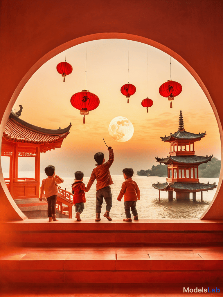  the children are playing joyfully, lanterns rise high into the sky, the pagoda moves in place, and the moon appears hyperrealistic, full body, detailed clothing, highly detailed, cinematic lighting, stunningly beautiful, intricate, sharp focus, f/1. 8, 85mm, (centered image composition), (professionally color graded), ((bright soft diffused light)), volumetric fog, trending on instagram, trending on tumblr, HDR 4K, 8K