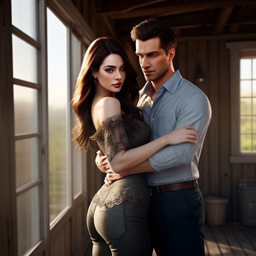  a couple, a beautiful girl and a man together, a vicious man. the brunette's tall back scars with dark sputized hair, smooth face in the same trousers, the girl with the pale skin below the man's brown hair in the shed., (intricate details:0.9), (hdr, hyperdetailed:1.2) hyperrealistic, full body, detailed clothing, highly detailed, cinematic lighting, stunningly beautiful, intricate, sharp focus, f/1. 8, 85mm, (centered image composition), (professionally color graded), ((bright soft diffused light)), volumetric fog, trending on instagram, trending on tumblr, HDR 4K, 8K