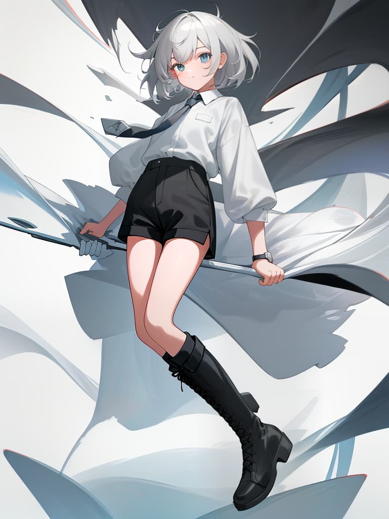  boyish girl, white shirt, tie, boots, black shorts, masterpiece, best quality,8k,ultra detailed,high resolution,an extremely delicate and beautiful,hyper detail