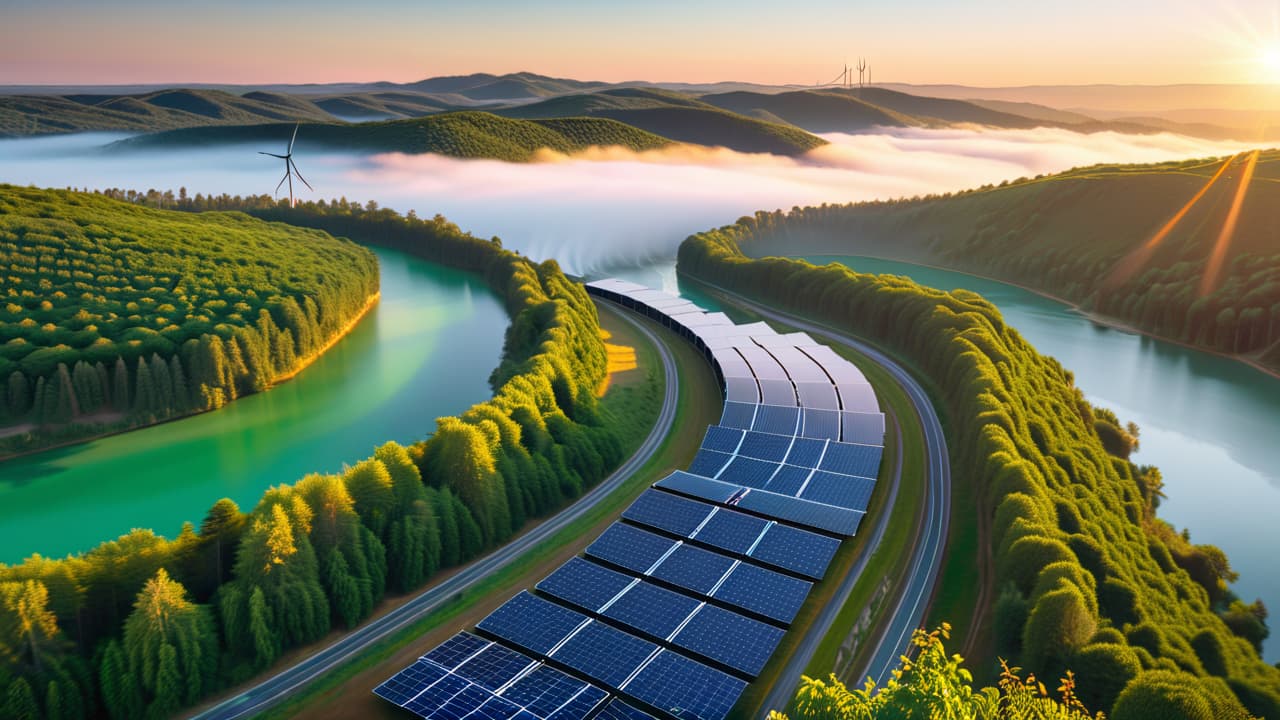  a vibrant landscape showcasing solar panels glistening under the sun, wind turbines spinning gracefully on hills, and a serene river with hydroelectric dams, all surrounded by lush greenery and a clear blue sky. hyperrealistic, full body, detailed clothing, highly detailed, cinematic lighting, stunningly beautiful, intricate, sharp focus, f/1. 8, 85mm, (centered image composition), (professionally color graded), ((bright soft diffused light)), volumetric fog, trending on instagram, trending on tumblr, HDR 4K, 8K