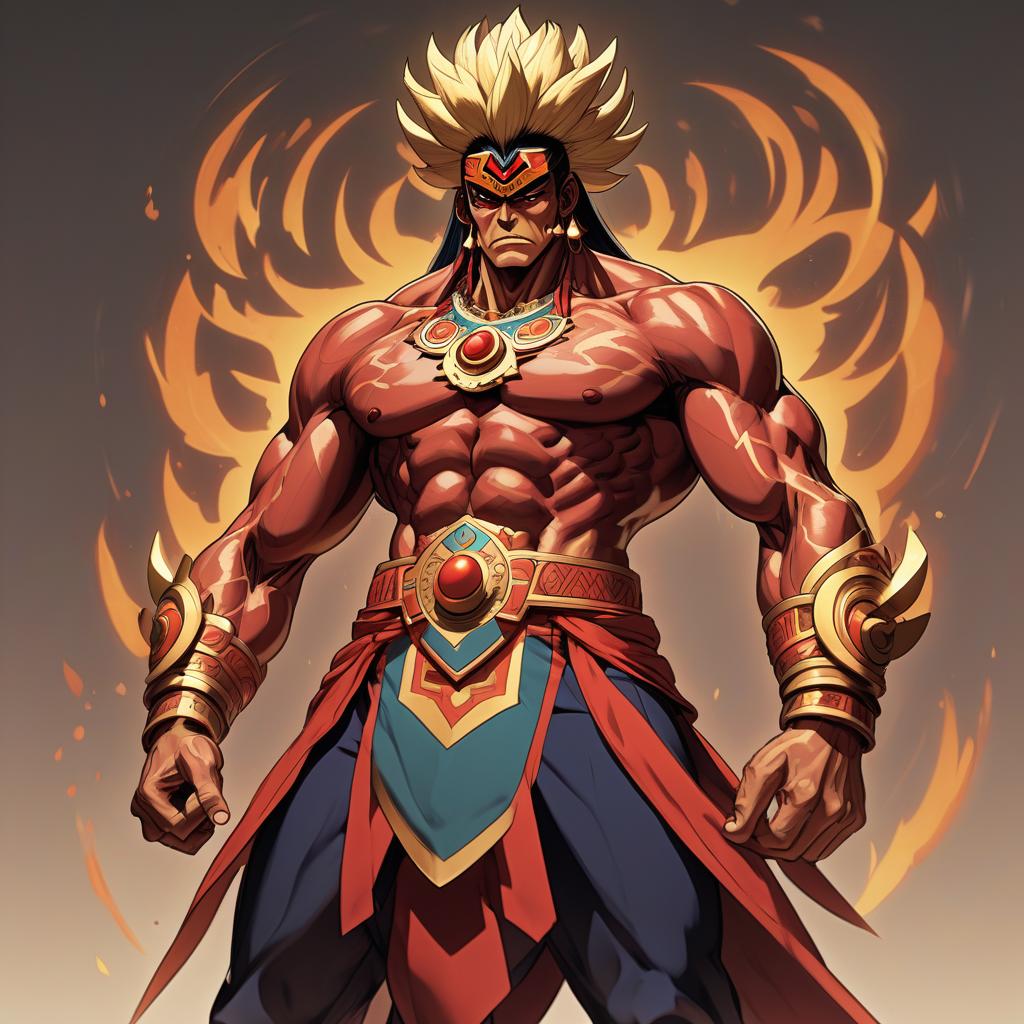  visualization of power as a person, full height, characteristic power posture, characteristic power physique, severe facial expression, characteristic power hairstyle, characteristic power dress, male character, aztec style, mature age, similar to lorgenom of gurren laggan