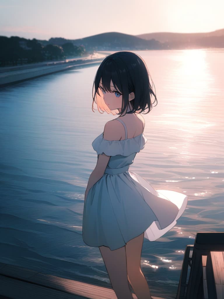  (masterpiece, maximum quality: 1.2), [illustration, animation, (wide shot), model shooting, one girl, long black hair, blue sea eyes, cute lips, beautiful eyes, white sandless, backlight, standing on the pier, (sea, glittering water surface), wave, landscape summer pier background, bright color, bright nikko, ultra hd