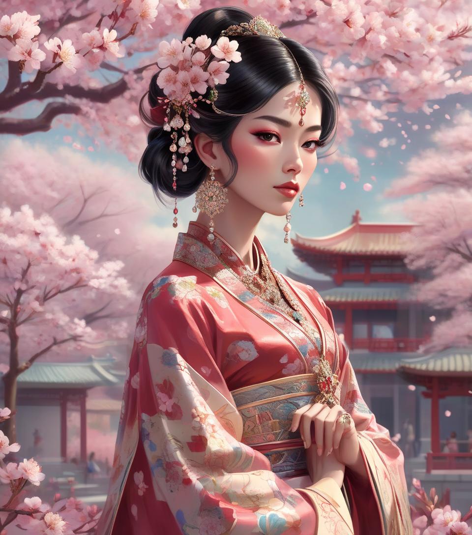  an illustration of a woman in traditional asian attire with intricate jewelry, against a backdrop of cherry blossoms. a gorgeous asian woman in an elaborate, dramatic, traditional costume.