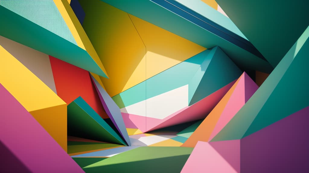  modern, abstract art piece featuring a combination of vertical lines and geometric shapes. the layout includes a series of vertical, multicolored lines that create a sense of depth and texture. the background consists of a gradient of green and yellow hues, resembling a field, with white spherical shapes distributed throughout, adding a three dimensional effect. in the foreground, there are pink and blue triangular forms that appear to be rising from the bottom, contributing to the layered composition. the overall style is contemporary and visually dynamic, with a focus on color contrast and spatial arrangement.