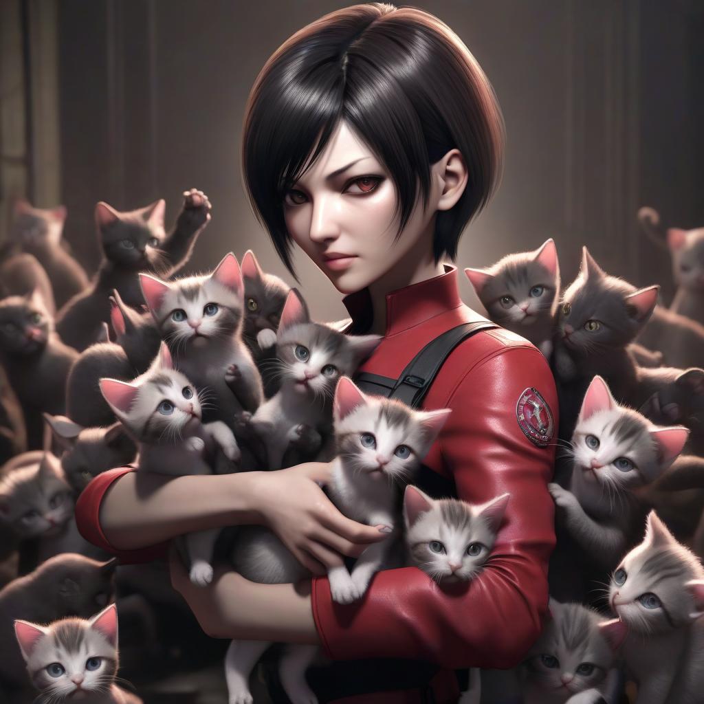  ada wong from game resident evil holds a bunch of little kittens in her hands.