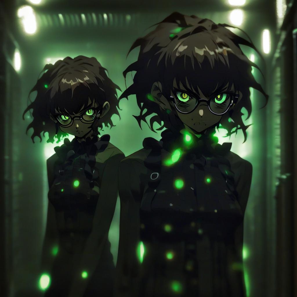  hdr photo of a couple of anime girls standing next to each other, very dark with green lights, with haunted eyes and glasses, darkart, beautiful gemini twins portrait, very dark environment, shadows of zombies, ((sharp focus)), identical picture, dark enclosed . high dynamic range, vivid, rich details, clear shadows and highlights, realistic, intense, enhanced contrast, highly detailed, film photography style