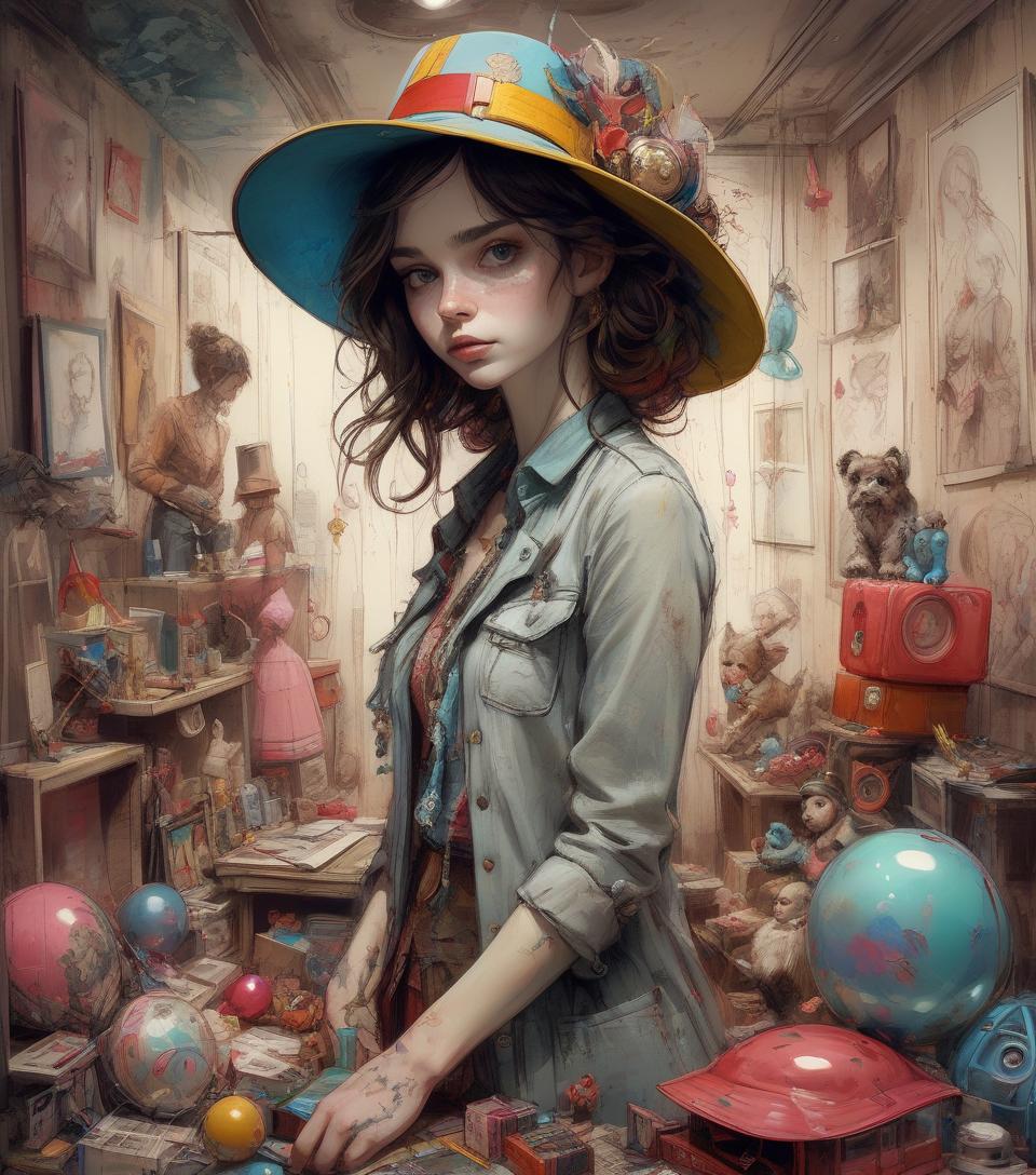  hyperrealistic art complex background, hyper realistic, drawn woman, female, texture, colorful hat, toys, 3d, by abigail larson, william turner, pino daeni, carne griffiths. . extremely high resolution details, photographic, realism pushed to extreme, fine texture, incredibly lifelike