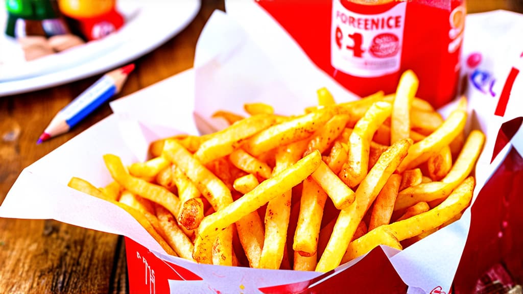  artwork pencil drawn french fries in packaging ar 16:9, watercolor techniques, featuring fluid colors, subtle gradients, transparency associated with watercolor art