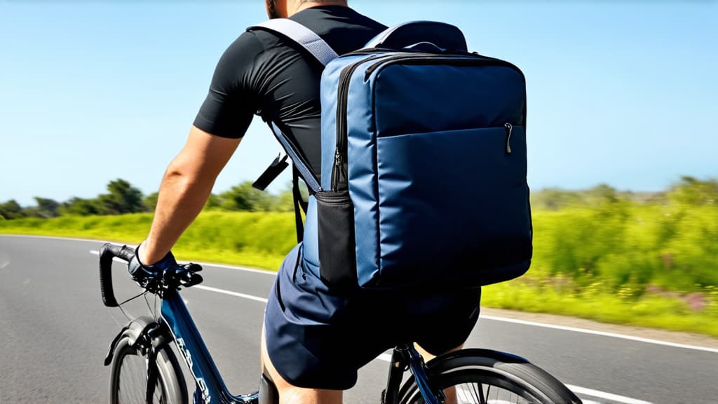  advertising style, stock photo, corporate branding style traveler on a bicycle with a backpack man close up, serpentine road ar 16:9 . professional, clean, modern, product focused, commercial, eye catching, minimalist, business oriented, highly detailed