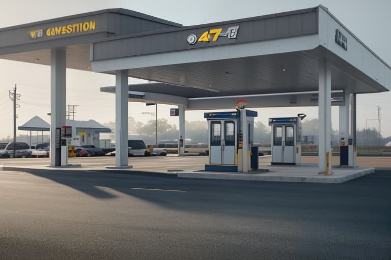  yellow gas station, gray gas station, white gas station hyperrealistic, full body, detailed clothing, highly detailed, cinematic lighting, stunningly beautiful, intricate, sharp focus, f/1. 8, 85mm, (centered image composition), (professionally color graded), ((bright soft diffused light)), volumetric fog, trending on instagram, trending on tumblr, HDR 4K, 8K