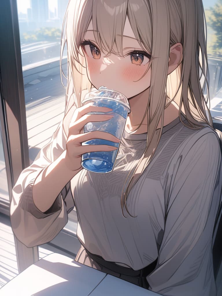  drinking water,high angle shot,short blonde hair, masterpiece, best quality,8k,ultra detailed,high resolution,an extremely delicate and beautiful,hyper detail