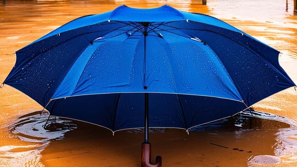  blue umbrella, open, with metal frame, covered with water repellent fabric, dark wood handle, water droplets on the surface, lying on a wooden floor, surrounded by puddles of water, size about 1 meter in diameter, realistic style. ar 16:9 {prompt}, maximum details