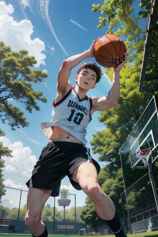  \"a young man is playing basketball on an outdoor court. the background is an outdoor basketball court in the late afternoon with soft sunlight. the young man is wearing a black sleeveless shirt and white shorts, caught mid jump as he shoots the basketball towards the hoop. his movement is dynamic and full of energy. the court has clear white lines and a neatly hung basketball net. the surface of the court is a deep red, surrounded by lush green trees and a bright blue sky.\" , advertising photo,high quality, good proportion, masterpiece , the image is captured with an 8k camera