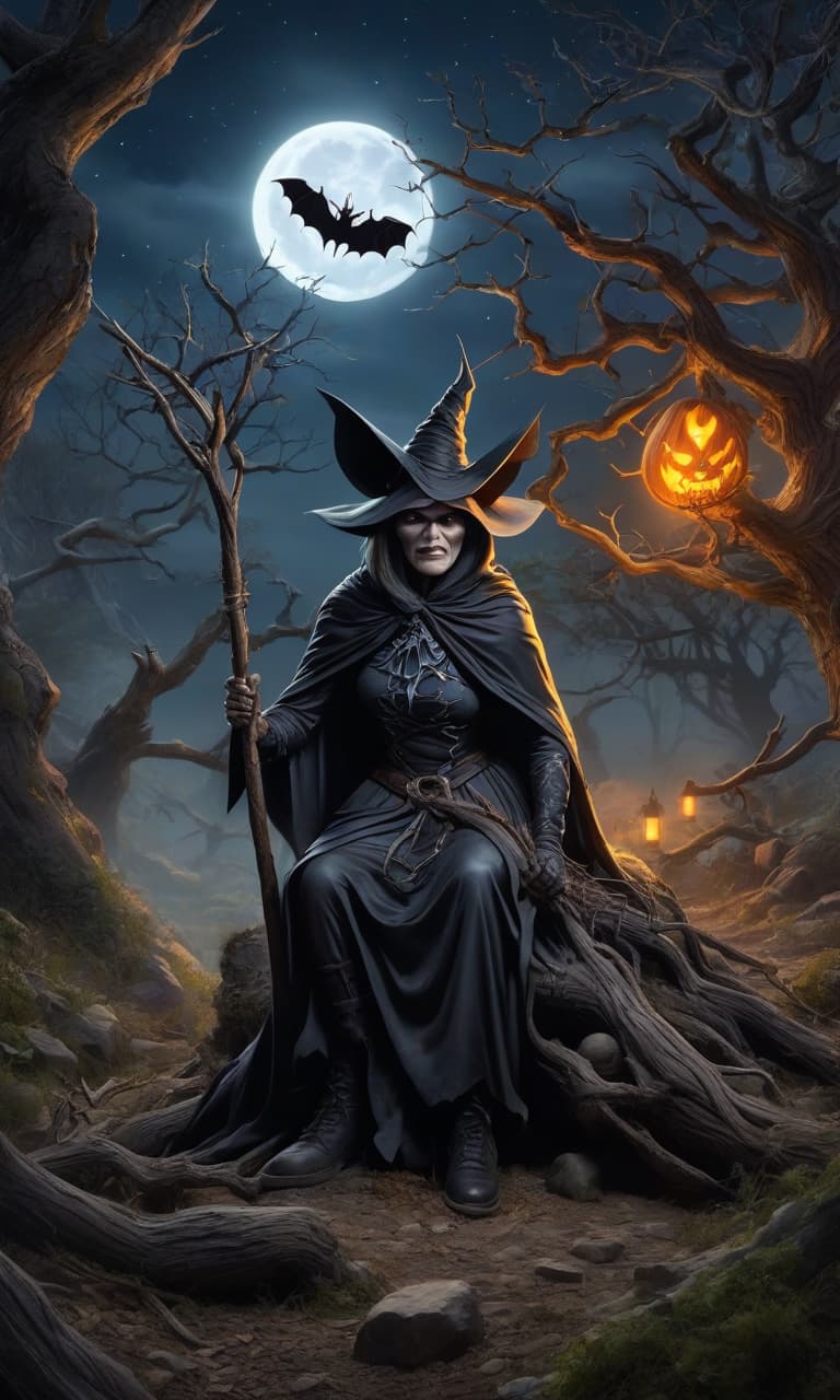  a nightmare, in the moonlight, a gnarled dried up tree, among the stones, a witch with a broom sits on a branch, looking at you, a scary spider crawls on the ground below, bats fly