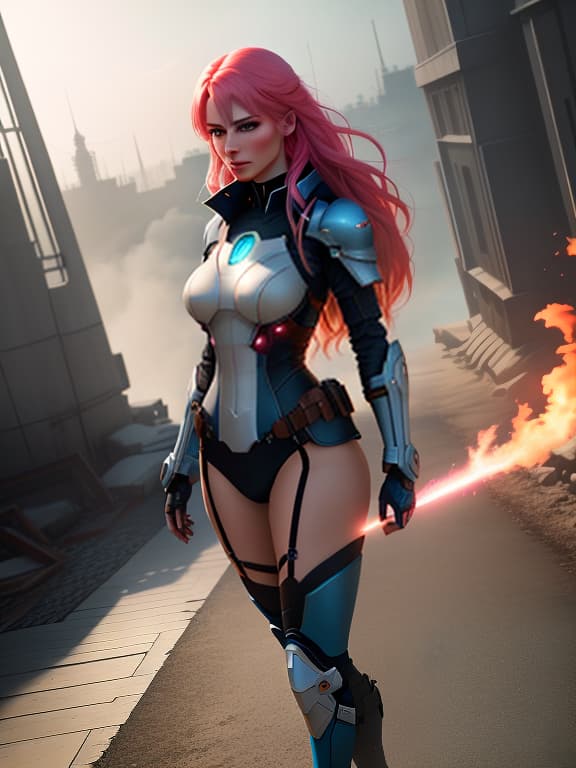  A character for a book, a girl with rose colored hair and bright blue eyes, a fighter against corporations, serious and determined, events take place in the future, in high definition quality with no captions on images. hyperrealistic, full body, detailed clothing, highly detailed, cinematic lighting, stunningly beautiful, intricate, sharp focus, f/1. 8, 85mm, (centered image composition), (professionally color graded), ((bright soft diffused light)), volumetric fog, trending on instagram, trending on tumblr, HDR 4K, 8K