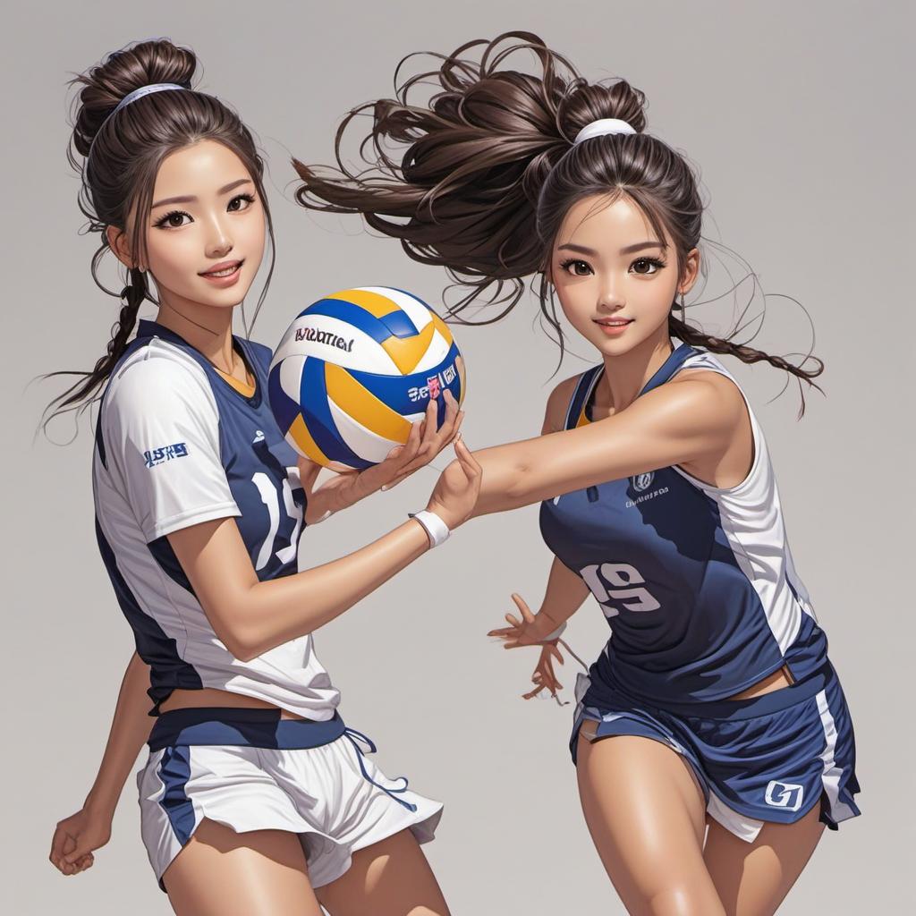  create two cartoon book characters playing volleyball. one is black with long braids. the other is white with long ponytail. brown hair. brown eyes , comic style, manga and manhwa style, painting style