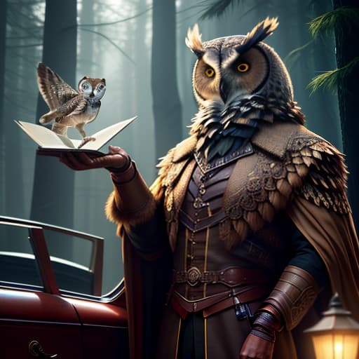  a man in a brown float with a folder on his right hand and a owl in his left hand hyperrealistic, full body, detailed clothing, highly detailed, cinematic lighting, stunningly beautiful, intricate, sharp focus, f/1. 8, 85mm, (centered image composition), (professionally color graded), ((bright soft diffused light)), volumetric fog, trending on instagram, trending on tumblr, HDR 4K, 8K