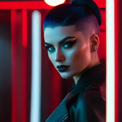  ultra realistic close up portrait ((beautiful pale cyberpunk female with heavy black eyeliner)), blue eyes, shaved side haircut, hyper detail, cinematic lighting, magic neon, dark red city, canon eos r3, nikon, f/1.4, iso 200, 1/160s, 8k, raw, unedited, symmetrical balance, in frame, 8k hyperrealistic, full body, detailed clothing, highly detailed, cinematic lighting, stunningly beautiful, intricate, sharp focus, f/1. 8, 85mm, (centered image composition), (professionally color graded), ((bright soft diffused light)), volumetric fog, trending on instagram, trending on tumblr, HDR 4K, 8K