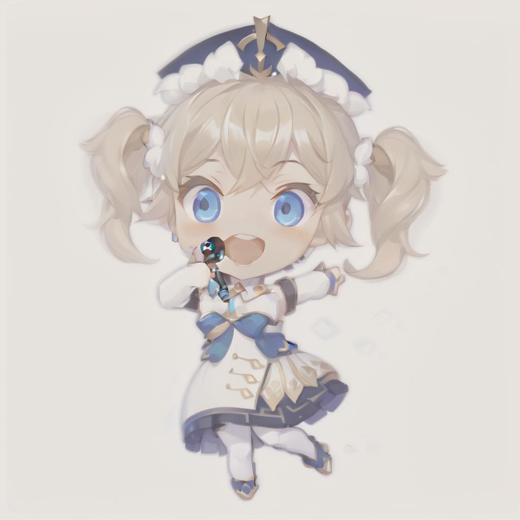  role playing game (rpg) style fantasy anime chibi cute girl barbara from genshin impact with microphone in hand . detailed, vibrant, immersive, reminiscent of high fantasy rpg games, perfect hands