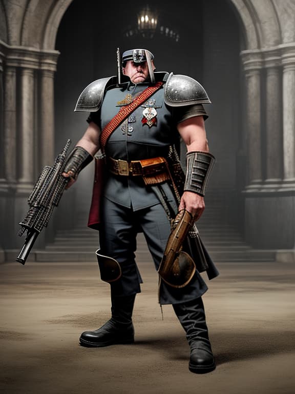  officer of the imperial guard from warhammer 40,000, with gray hair and his arms are made from metal