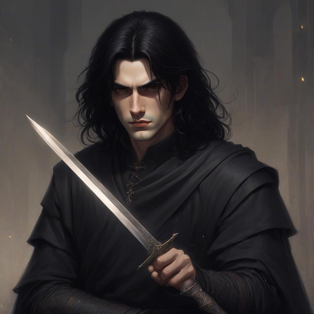  the image shows the character of a guy with long black hair and large brown eyes. he is dressed in black clothes the expression looks serious and thoughtful, which gives him character and depth. the style of the image resembles pixel or cartoon graphics, which adds an element of playfulness. kind view of the medieval world with magic and sword battle