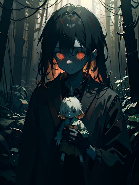  master piece, best quality, ultra detailed, highres, 4k.8k, a , exploring a dark forest alone, anxious, break primitive fear, , creepy forest, old, broken doll, eerie fog, break eerie and unsettling, dim lighting, mysterious shadows, creature00d