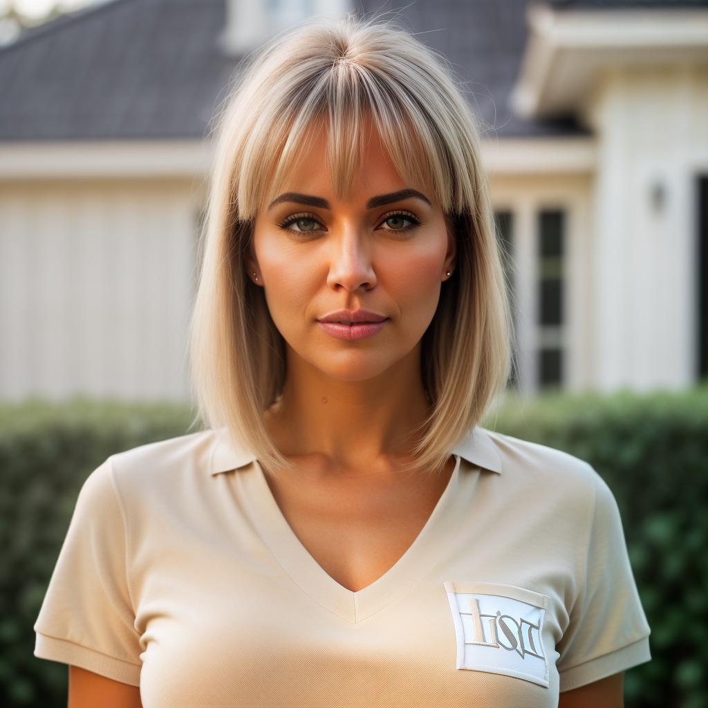  (((realistic full torso frontal head shot of a light beige to medium tan skin tone woman))), erika nina schmid, ((caucasian heritage)), immature face, grey eye color, ((bangs hair style)), ((blonde hair color)), (( body type)), xxl size, fat size, (immature straight narrow nose), (immature high cheekbones), (immature angular jawline), (immature full lips), (immature smooth forehead), (immature symmetrical face), (immature cleft chin), standing straight looking directly into the camera,((wearing fitted polo shirt with deep v neck and monogrammed pocket)), backyard in background, 1, best quality, highest quality, award winning photo, masterpiece, raw, professional photography, photorealism, sharp focus, cinematic, h hyperrealistic, full body, detailed clothing, highly detailed, cinematic lighting, stunningly beautiful, intricate, sharp focus, f/1. 8, 85mm, (centered image composition), (professionally color graded), ((bright soft diffused light)), volumetric fog, trending on instagram, trending on tumblr, HDR 4K, 8K