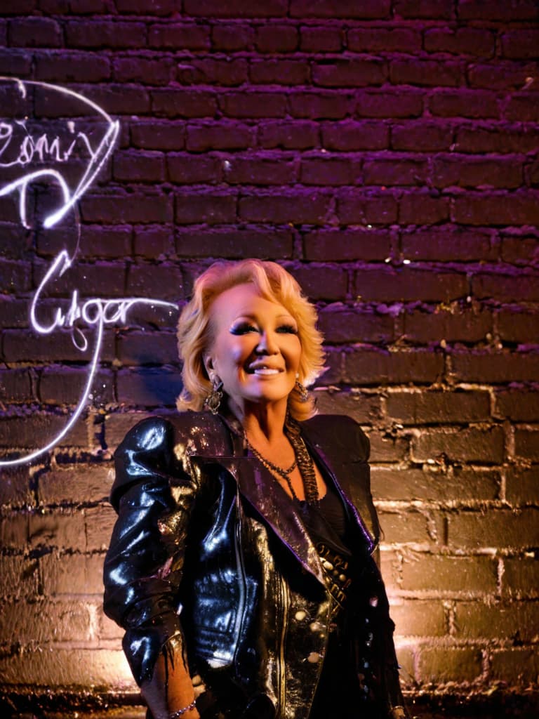  A younger country singer Tanya Tucker, medium shot, upper body, spotlight, long exposure lighting, street art style spray paint, glamour lighting