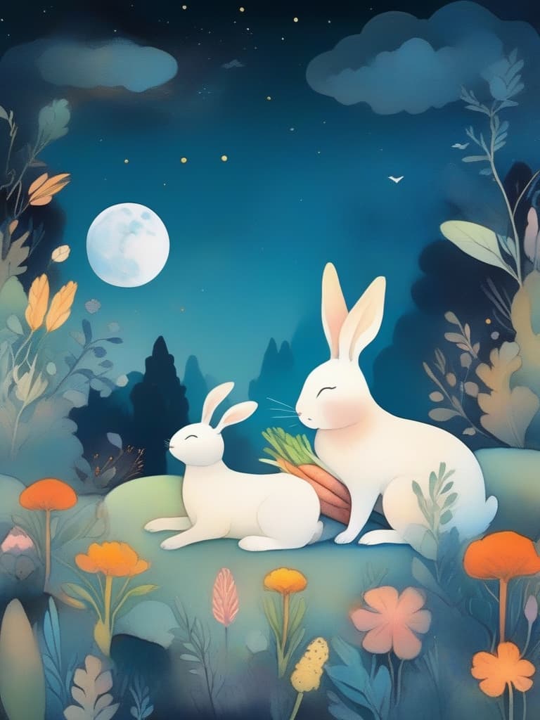  best masterpieces, cute rabbits, sleeping, carrot pillows, easy colors, fairy tale style, full moon, super delicate