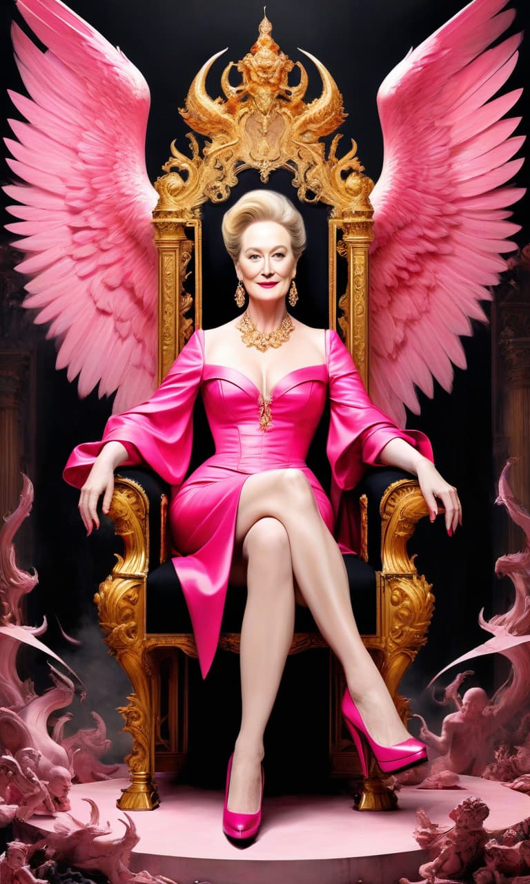  concept art pink, gold, black, white hell, near evil and demons. meryl streep on the throne of satan chic prada shoes . digital artwork, illustrative, painterly, matte painting, highly detailed, perfect hands