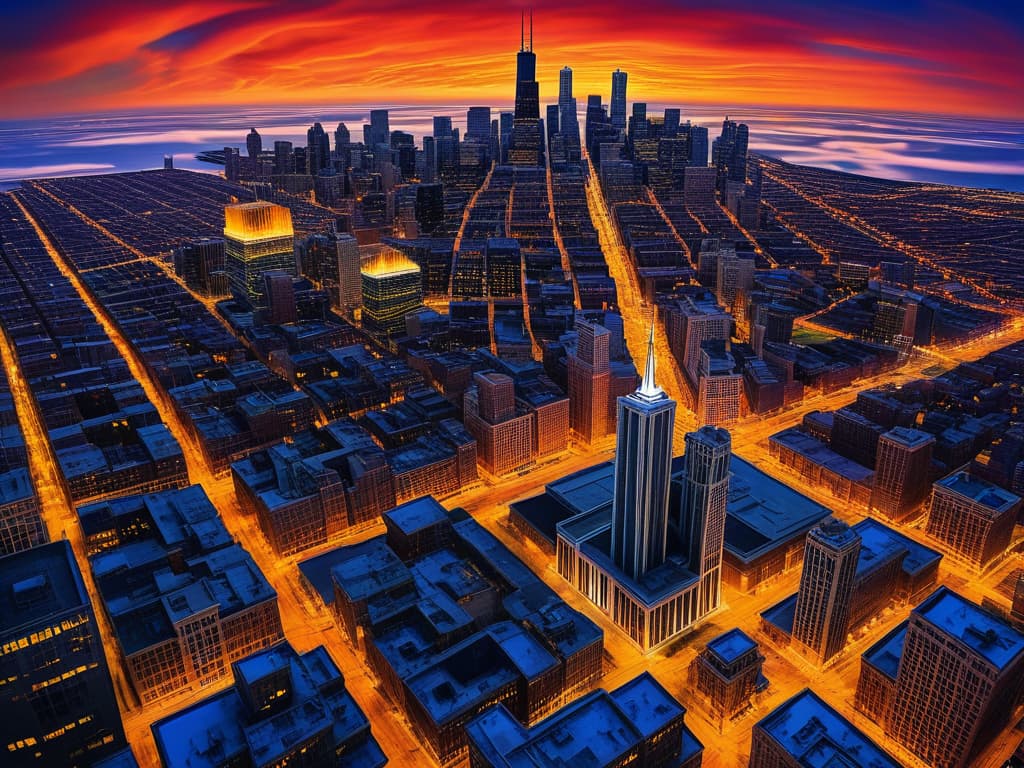  ethereal fantasy concept art of sears tower, crain's communications building, drone view, tilt shift, van gogh's starry night, colorful red orange swirls, cloud gate, hyper realistic, chicago skyline, mesmerizing, intricate details, flambient golden red sunrise, dramatic lighting, epic composition, wide angle, cinematic, masterpiece, 4k, raw photo, van gogh influence, studio lighting, impressionist, bold colors, starry sky, architectural elements, medium format lens, high angle, cityscape, city life, metropolitan, van gogh's brushstrokes, van gogh's shadows, van gogh's colors, van gogh's textures, nighttime, city scene, streets, night cityscape. magnificent, celestial, ethereal, painterly, epic, majestic, magical, fantasy art, cover art, dr