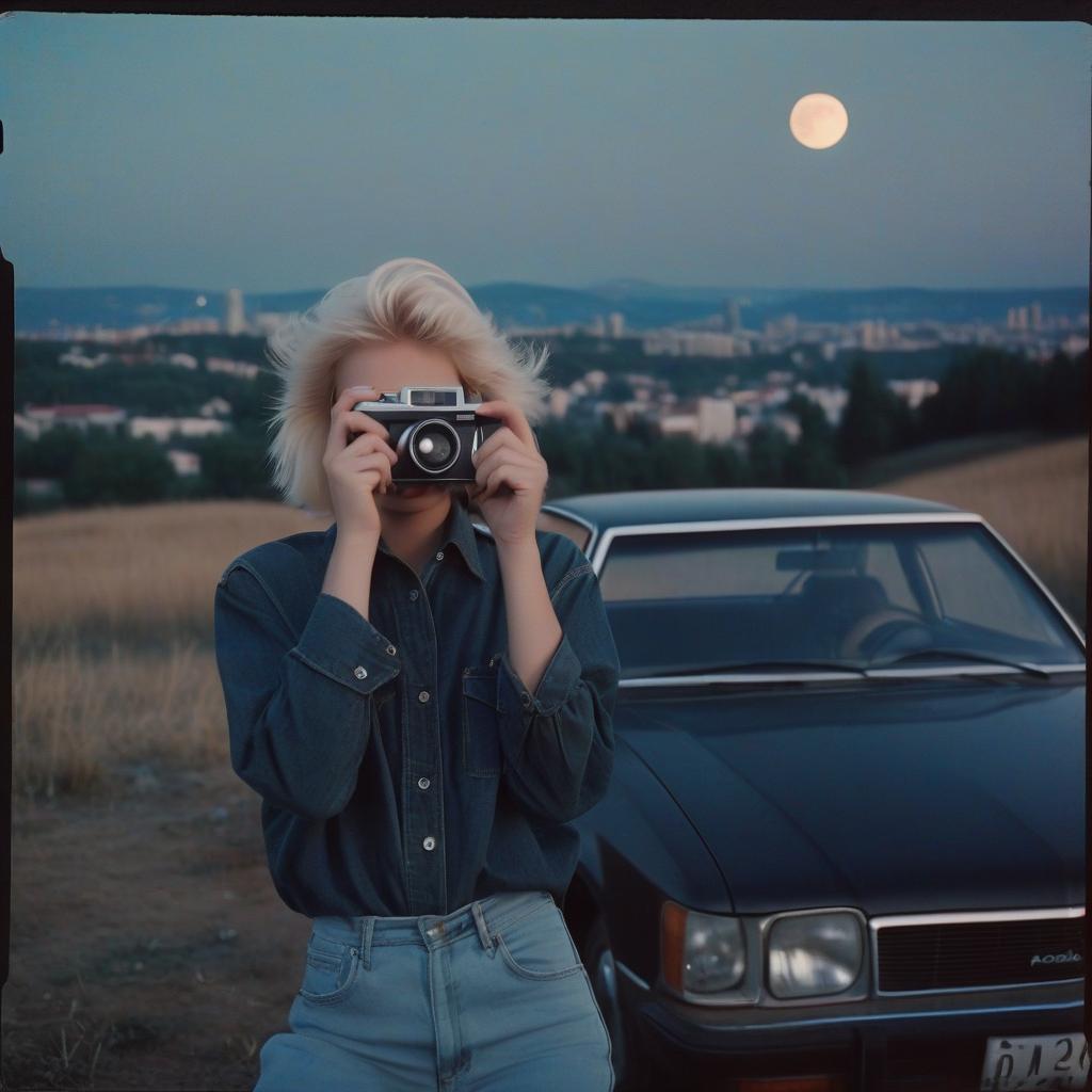  analog film photo a platinum blonde girl takes pictures on a polaroid in a black shirt, next to a guy there is a blonde in a denim shirt, a black car, a view from the hill, in the background the city, the time of dusk, a full light moon, the style of the 80 90s. . faded film, desaturated, 35mm photo, grainy, vignette, vintage, kodachrome, lomography, stained, highly detailed, found footage