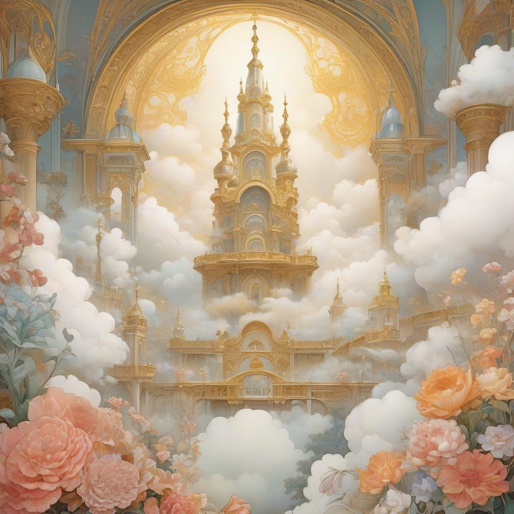  fog city. golden city. a large palace surrounded by clouds. coloring book. flowers. pearls. luminous pearls. alfonso mucha, honoré fargonard, edward gow, andrew jones.