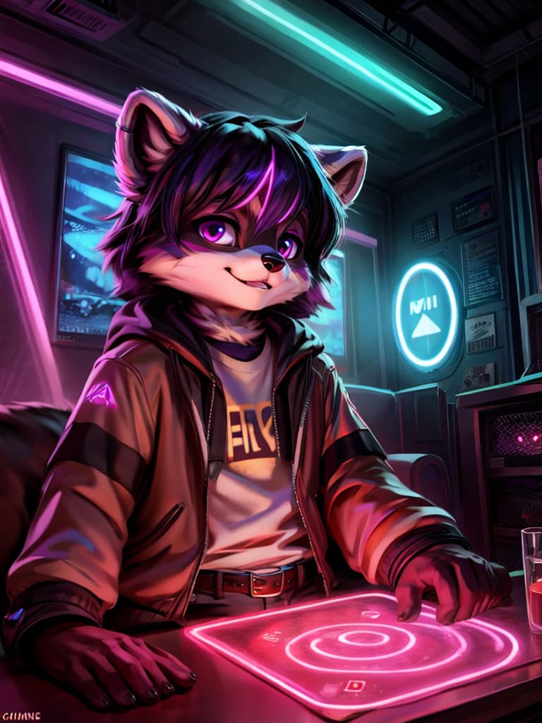  chunie indigo park game rambley the ai hologram raccoon on a tv screen, (magic neon:1.25)